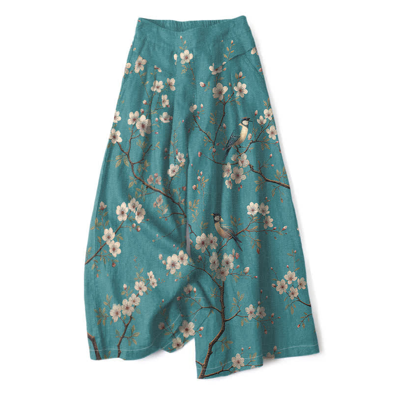 Buddha Stones Cotton Linen Vintage Floral Bird Pattern Women's Elastic Waist Wide Leg Pants With Pockets - MediumTurquoise - US16,UK/AU20,EU48 (3XL) - image 0
