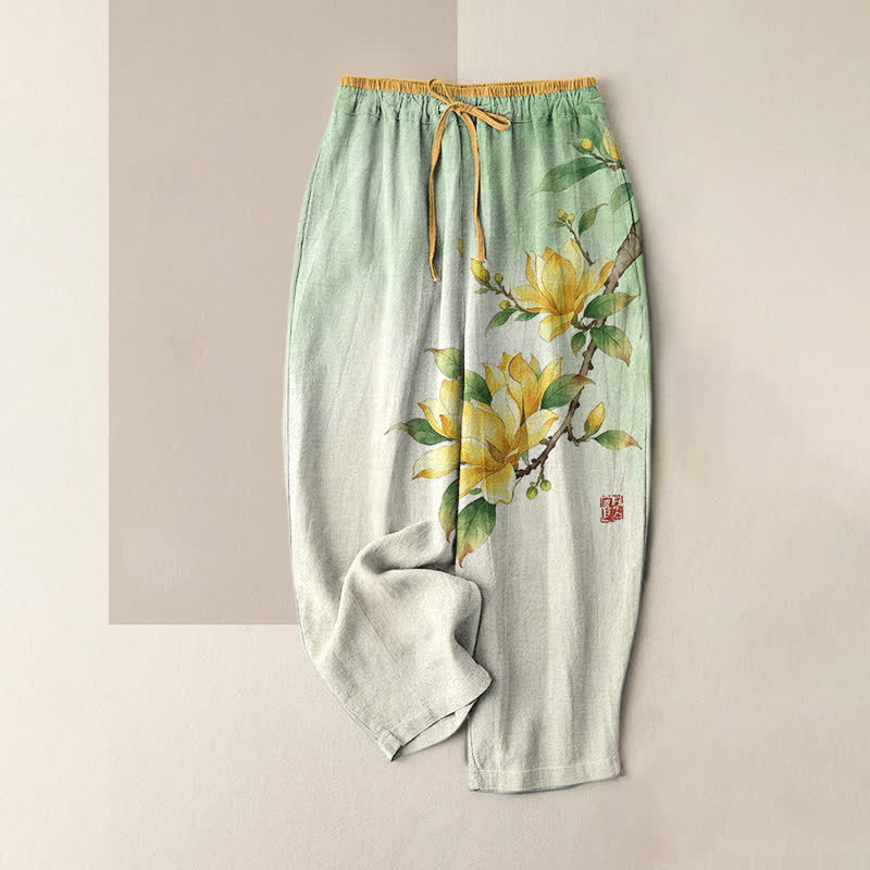 Buddha Stones Pure Cotton Ink Magnolia Pattern Women's Elastic Waist Pants With Pockets - PaleGreen - US16,UK/AU20,EU48 (3XL) - image 0