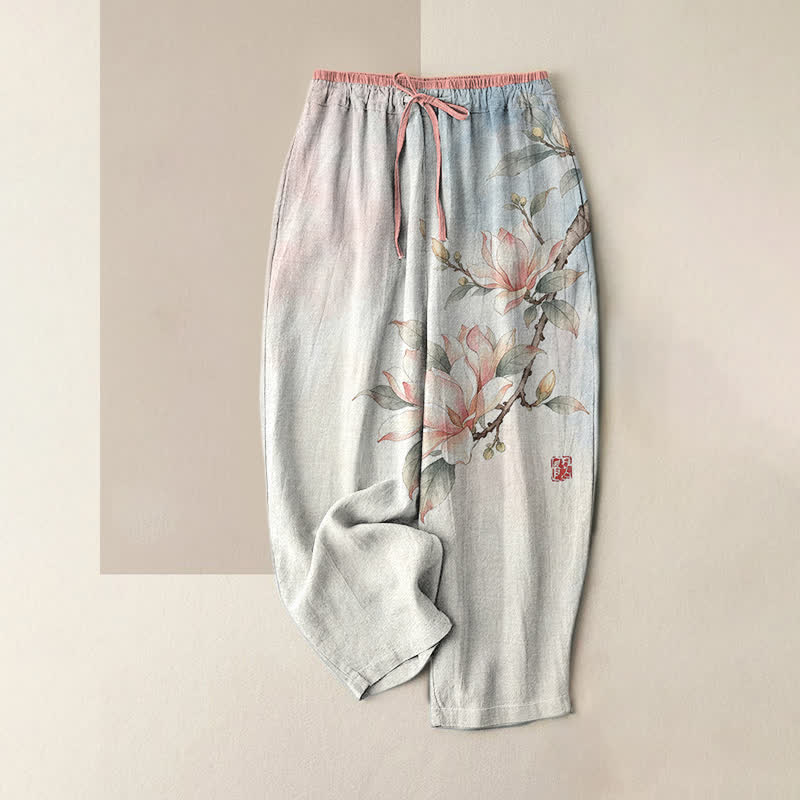 Buddha Stones Pure Cotton Ink Magnolia Pattern Women's Elastic Waist Pants With Pockets - Pink - US16,UK/AU20,EU48 (3XL) - image 3