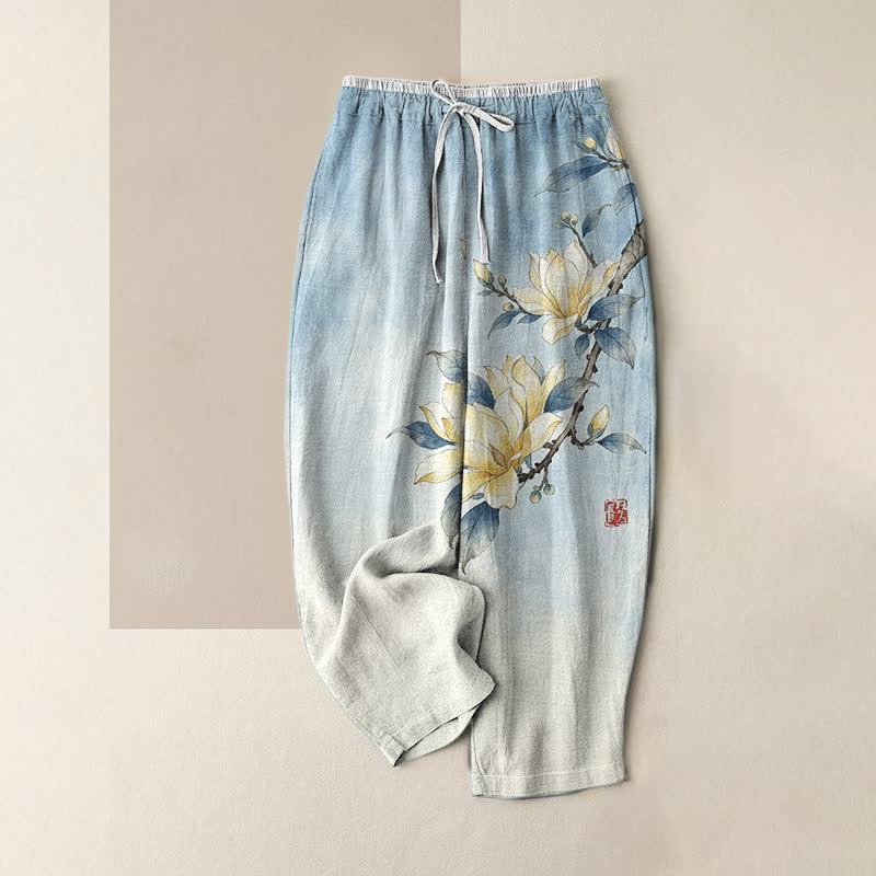 Buddha Stones Pure Cotton Ink Magnolia Pattern Women's Elastic Waist Pants With Pockets - LightSkyBlue - US16,UK/AU20,EU48 (3XL) - image 4
