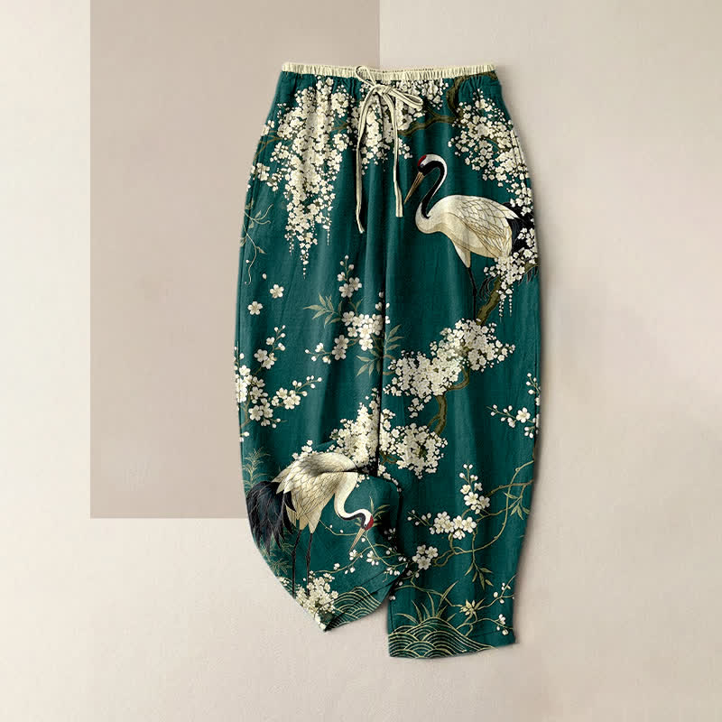 Buddha Stones Pure Cotton Oriental Crane Floral Pattern Women's Elastic Waist Pants With Pockets - Teal - US16,UK/AU20,EU48 (3XL) - image 0