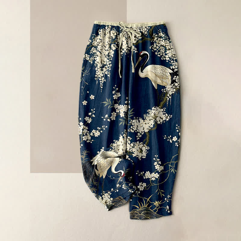 Buddha Stones Pure Cotton Oriental Crane Floral Pattern Women's Elastic Waist Pants With Pockets - Navy - US16,UK/AU20,EU48 (3XL) - image 4