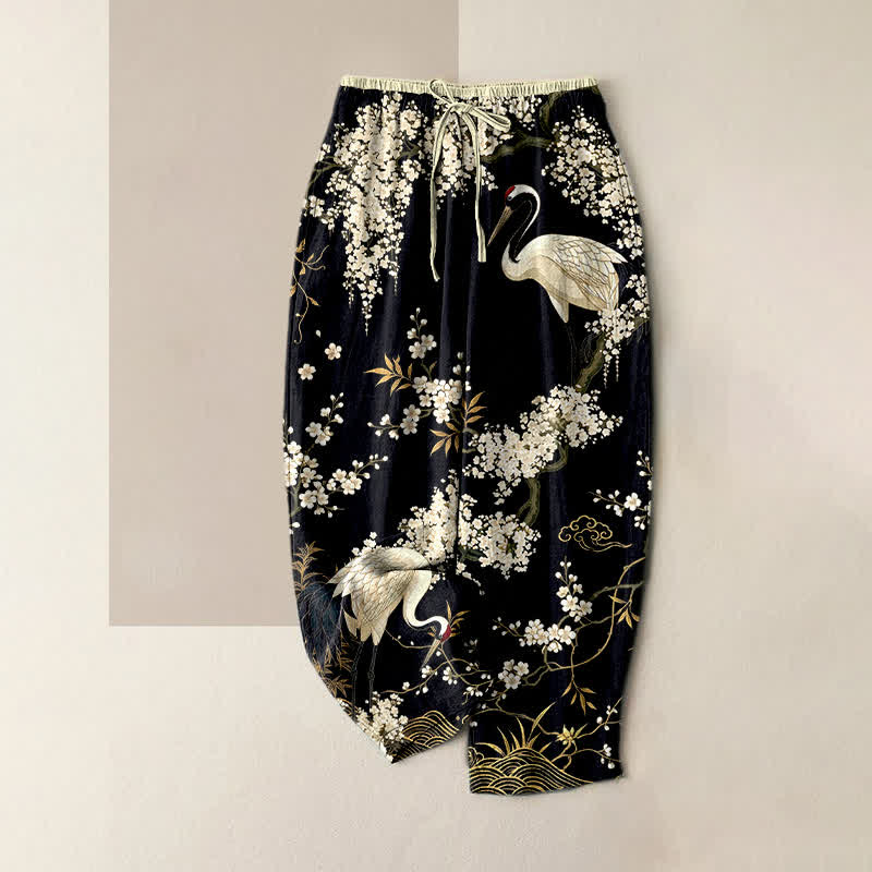 Buddha Stones Pure Cotton Oriental Crane Floral Pattern Women's Elastic Waist Pants With Pockets - Black - US16,UK/AU20,EU48 (3XL) - image 5