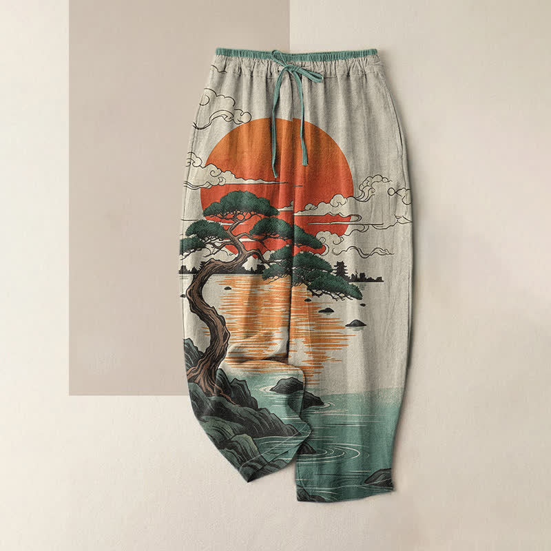 Buddha Stones Pure Cotton Artistic Sunset Pine Pattern Women's Elastic Waist Pants With Pockets - MediumAquamarine - US16,UK/AU20,EU48 (3XL) - image 0