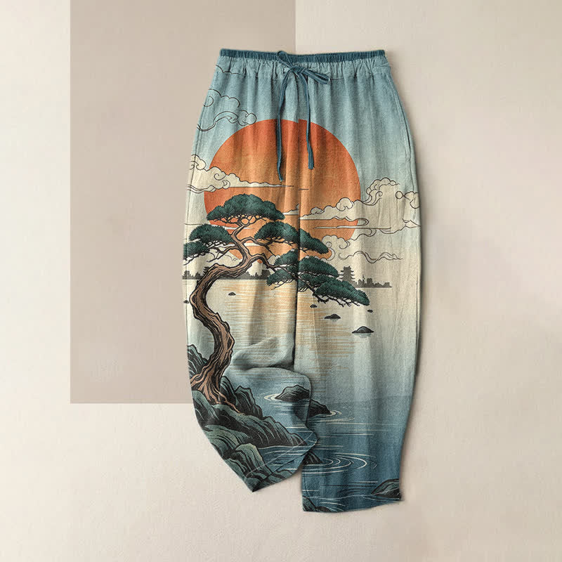 Buddha Stones Pure Cotton Artistic Sunset Pine Pattern Women's Elastic Waist Pants With Pockets - CadetBlue - US16,UK/AU20,EU48 (3XL) - image 3