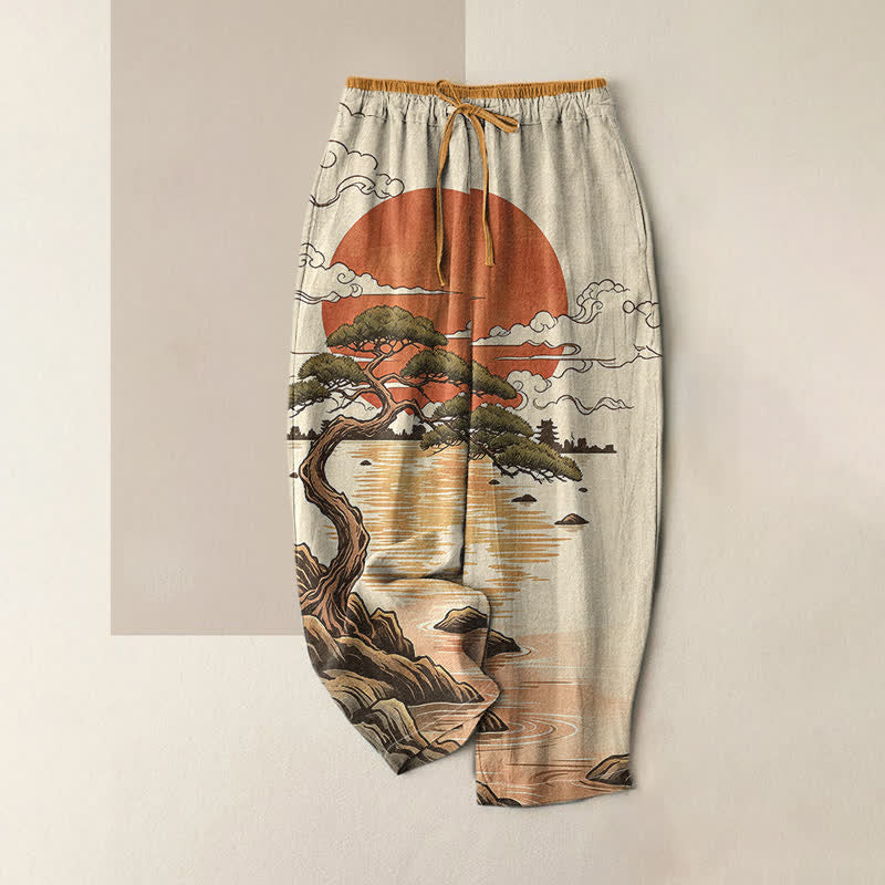 Buddha Stones Pure Cotton Artistic Sunset Pine Pattern Women's Elastic Waist Pants With Pockets - Goldenrod - US16,UK/AU20,EU48 (3XL) - image 4