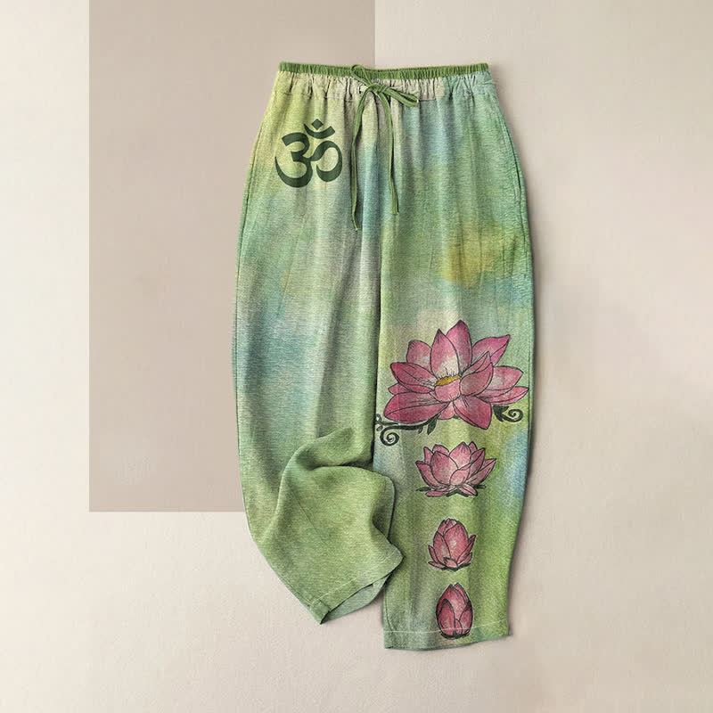 Buddha Stones Pure Cotton Zen Om Lotus Bloom Pattern Women's Elastic Waist Pants With Pockets - LightGreen - US16,UK/AU20,EU48 (3XL) - image 0