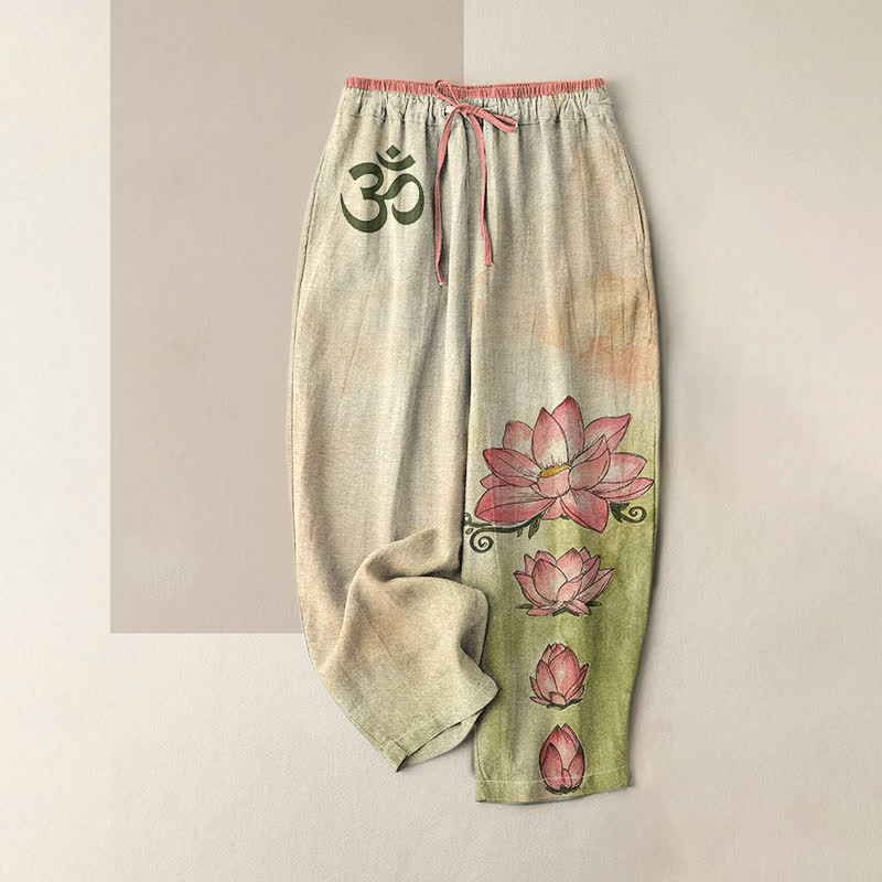 Buddha Stones Pure Cotton Zen Om Lotus Bloom Pattern Women's Elastic Waist Pants With Pockets - PaleGoldenrod - US16,UK/AU20,EU48 (3XL) - image 3