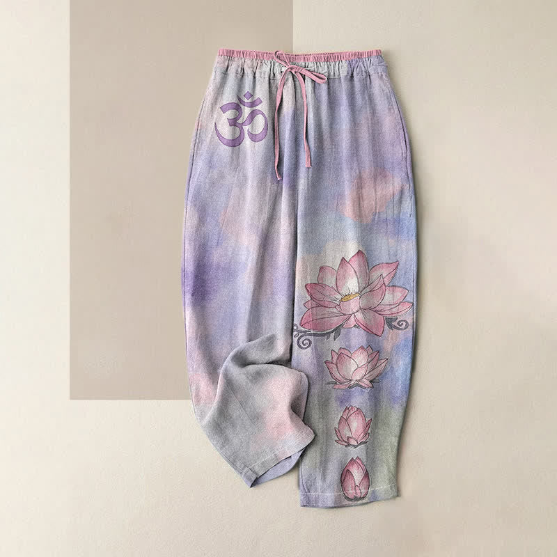 Buddha Stones Pure Cotton Zen Om Lotus Bloom Pattern Women's Elastic Waist Pants With Pockets - MediumPurple - US16,UK/AU20,EU48 (3XL) - image 4