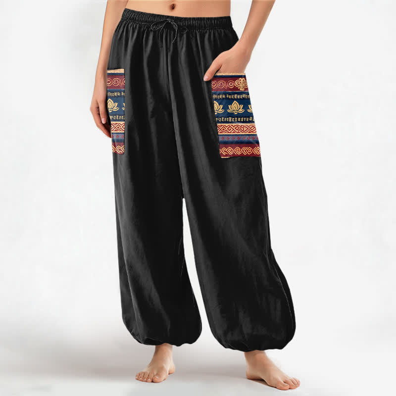 Buddha Stones Cotton Bohemian Lotus Geometric Pattern Women's Elastic Waist Harem Pants With Side Pockets - Black - US16,UK/AU20,EU48 (3XL) - image 0