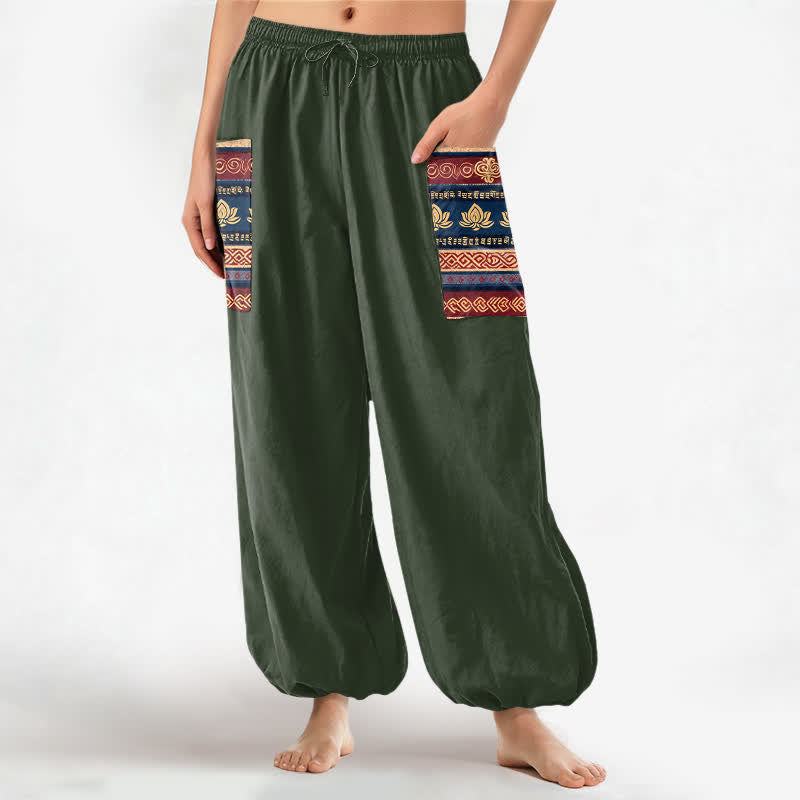Buddha Stones Cotton Bohemian Lotus Geometric Pattern Women's Elastic Waist Harem Pants With Side Pockets - DarkOliveGreen - US16,UK/AU20,EU48 (3XL) - image 7