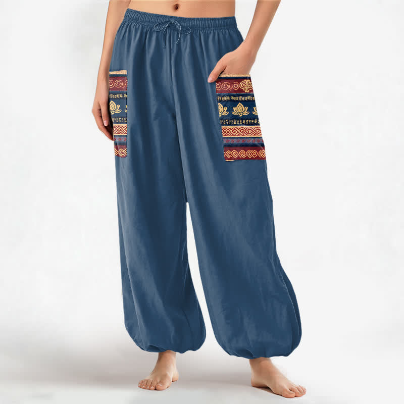 Buddha Stones Cotton Bohemian Lotus Geometric Pattern Women's Elastic Waist Harem Pants With Side Pockets - SteelBlue - US16,UK/AU20,EU48 (3XL) - image 10