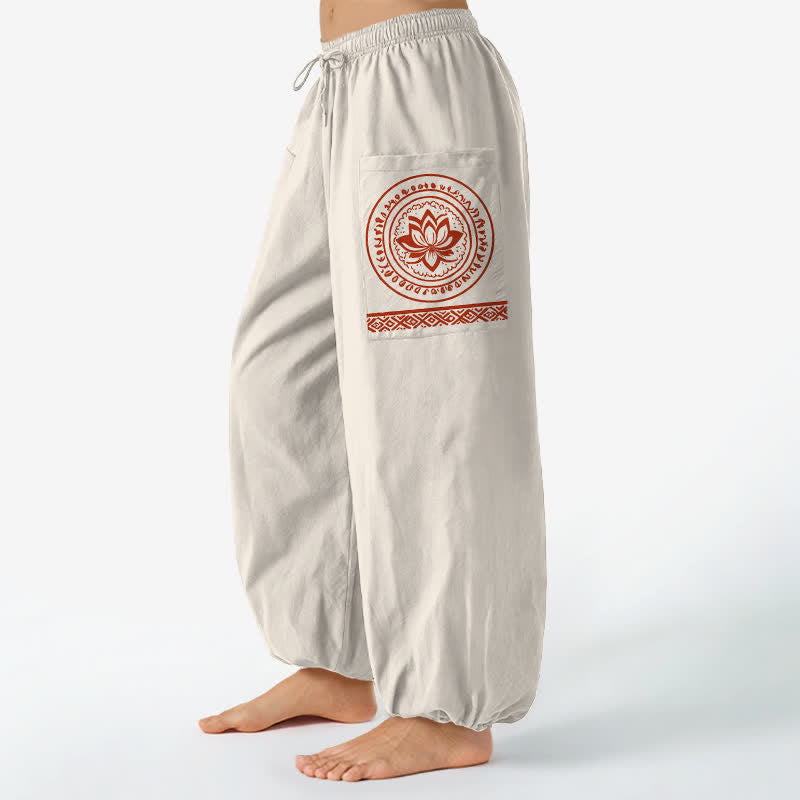 Buddha Stones Cotton Lotus Mandala Pattern Women's Elastic Waist Harem Pants With Side Pockets - Beige - US16,UK/AU20,EU48 (3XL) - image 0
