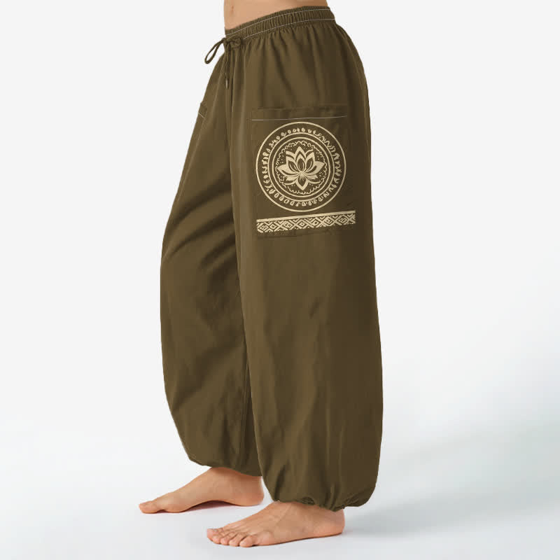 Buddha Stones Cotton Lotus Mandala Pattern Women's Elastic Waist Harem Pants With Side Pockets - Olive - US16,UK/AU20,EU48 (3XL) - image 7