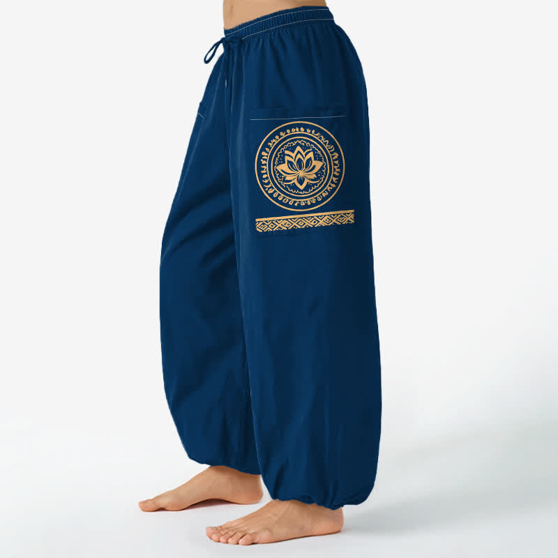 Buddha Stones Cotton Lotus Mandala Pattern Women's Elastic Waist Harem Pants With Side Pockets - Navy - US16,UK/AU20,EU48 (3XL) - image 10