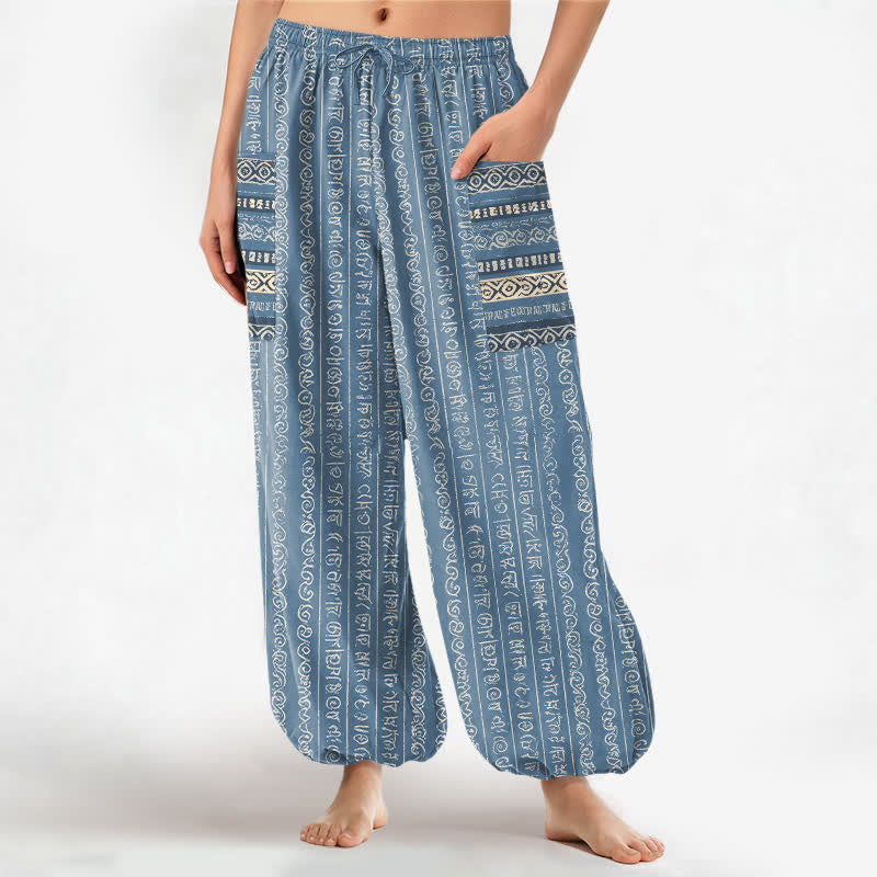Buddha Stones Cotton Ethnic Geometric Stripe Pattern Women's Elastic Waist Harem Pants With Side Pockets - SkyBlue - US16,UK/AU20,EU48 (3XL) - image 0
