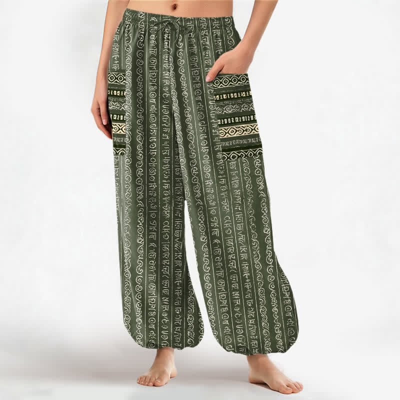 Buddha Stones Cotton Ethnic Geometric Stripe Pattern Women's Elastic Waist Harem Pants With Side Pockets - OliveDrab - US16,UK/AU20,EU48 (3XL) - image 7
