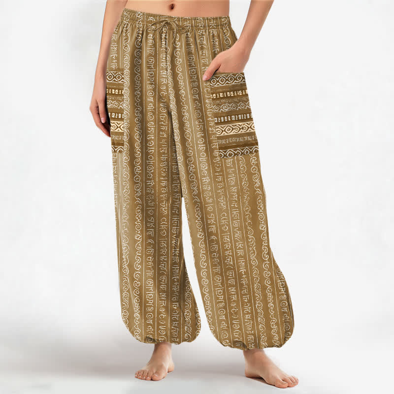 Buddha Stones Cotton Ethnic Geometric Stripe Pattern Women's Elastic Waist Harem Pants With Side Pockets - DarkGoldenrod - US16,UK/AU20,EU48 (3XL) - image 10