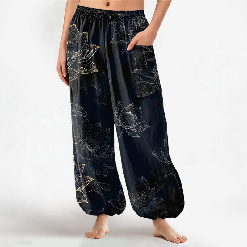 Buddha Stones Cotton Lotus Floral Line Art Pattern Women's Elastic Waist Harem Pants With Side Pockets - Black - US16,UK/AU20,EU48 (3XL) - image 0