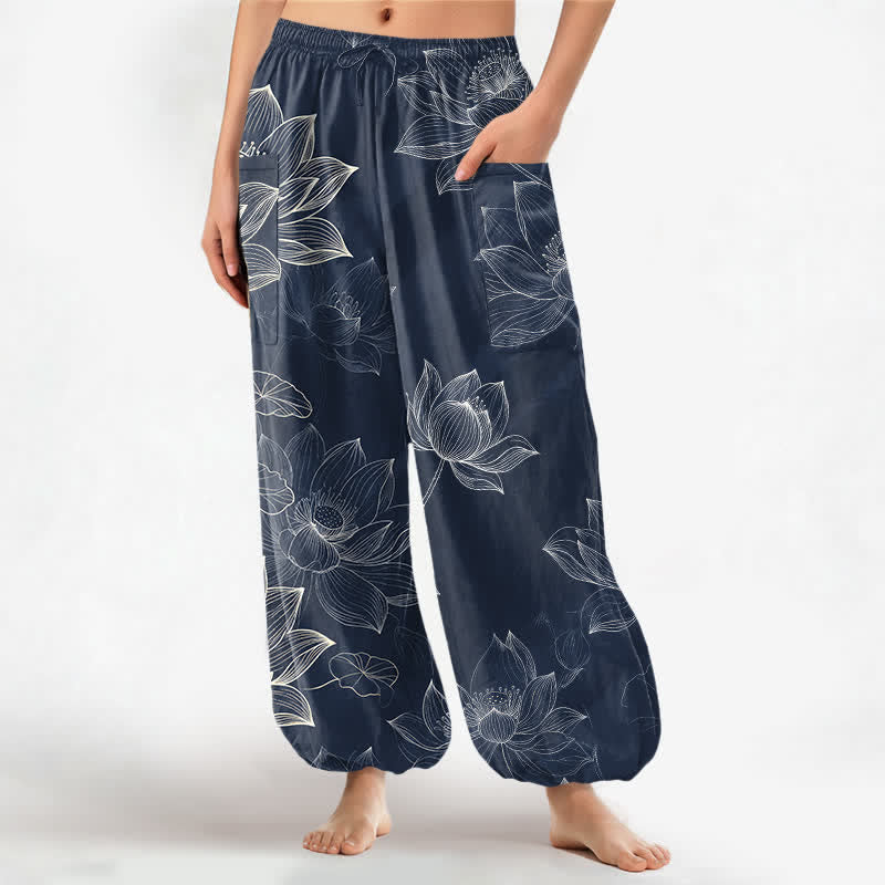 Buddha Stones Cotton Lotus Floral Line Art Pattern Women's Elastic Waist Harem Pants With Side Pockets - SteelBlue - US16,UK/AU20,EU48 (3XL) - image 7