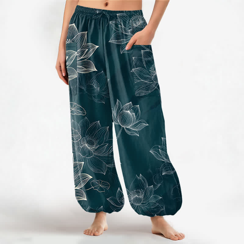 Buddha Stones Cotton Lotus Floral Line Art Pattern Women's Elastic Waist Harem Pants With Side Pockets - Teal - US16,UK/AU20,EU48 (3XL) - image 10