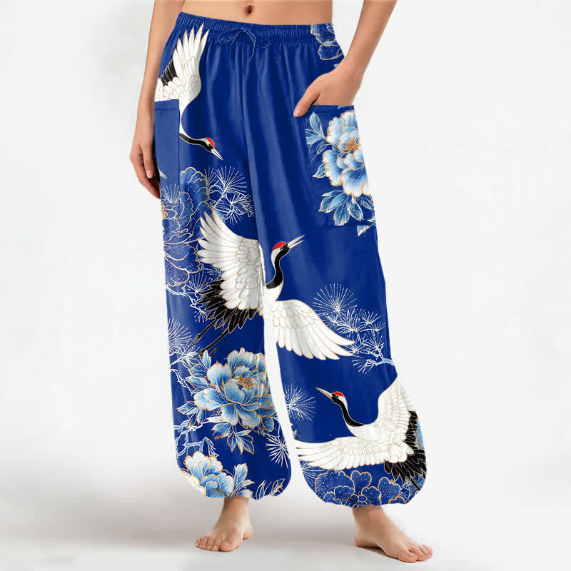 Buddha Stones Cotton Oriental Crane Peony Pattern Women's Elastic Waist Harem Pants With Side Pockets - RoyalBlue - US16,UK/AU20,EU48 (3XL) - image 0