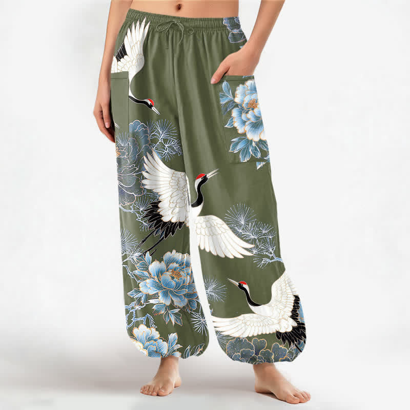 Buddha Stones Cotton Oriental Crane Peony Pattern Women's Elastic Waist Harem Pants With Side Pockets - OliveDrab - US16,UK/AU20,EU48 (3XL) - image 7
