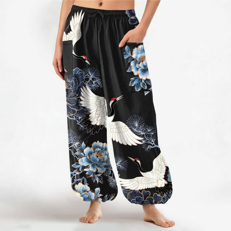 Buddha Stones Cotton Oriental Crane Peony Pattern Women's Elastic Waist Harem Pants With Side Pockets - Black - US16,UK/AU20,EU48 (3XL) - image 10