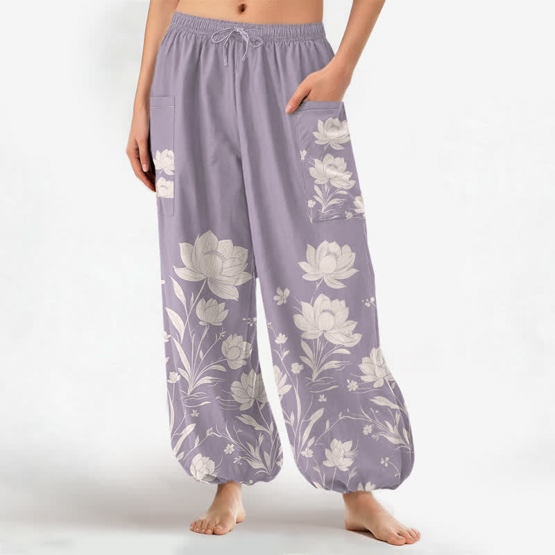 Buddha Stones Cotton Vintage Lotus Bloom Pattern Women's Elastic Waist Harem Pants With Side Pockets - Thistle - US16,UK/AU20,EU48 (3XL) - image 0