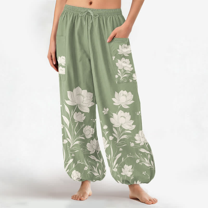 Buddha Stones Cotton Vintage Lotus Bloom Pattern Women's Elastic Waist Harem Pants With Side Pockets - PaleGreen - US16,UK/AU20,EU48 (3XL) - image 7