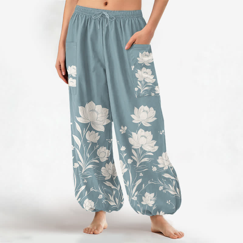 Buddha Stones Cotton Vintage Lotus Bloom Pattern Women's Elastic Waist Harem Pants With Side Pockets - PowderBlue - US16,UK/AU20,EU48 (3XL) - image 10