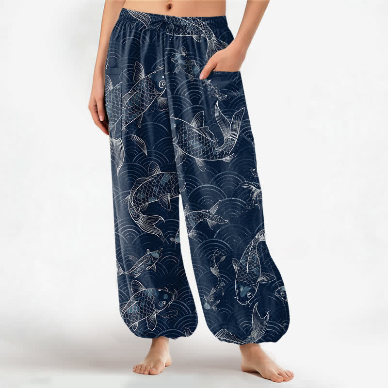 Buddha Stones Cotton Zen Koi Ripple Pattern Women's Elastic Waist Harem Pants With Side Pockets - Navy - US16,UK/AU20,EU48 (3XL) - image 0