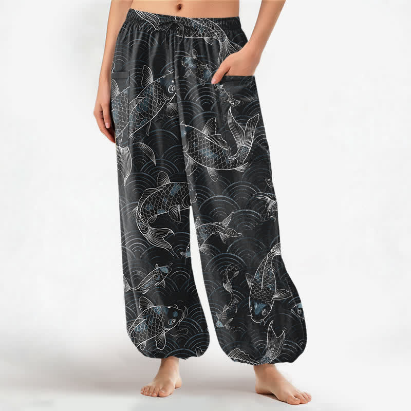 Buddha Stones Cotton Zen Koi Ripple Pattern Women's Elastic Waist Harem Pants With Side Pockets - Black - US16,UK/AU20,EU48 (3XL) - image 7