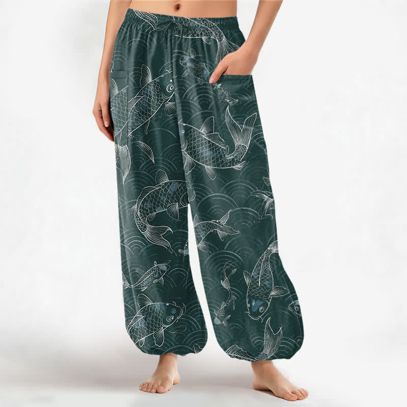Buddha Stones Cotton Zen Koi Ripple Pattern Women's Elastic Waist Harem Pants With Side Pockets - Teal - US16,UK/AU20,EU48 (3XL) - image 10