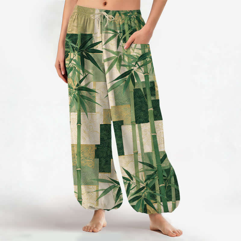 Buddha Stones Cotton Bamboo Grove Patchwork Pattern Women's Elastic Waist Harem Pants With Side Pockets - ForestGreen - US16,UK/AU20,EU48 (3XL) - image 0