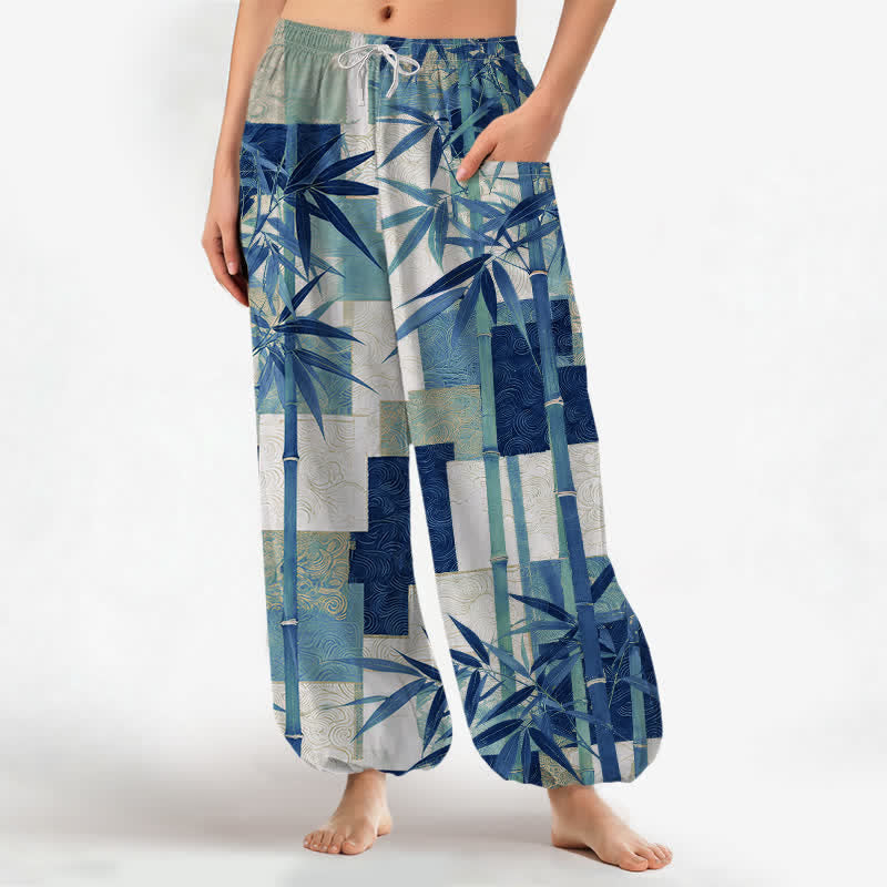 Buddha Stones Cotton Bamboo Grove Patchwork Pattern Women's Elastic Waist Harem Pants With Side Pockets - MediumBlue - US16,UK/AU20,EU48 (3XL) - image 7