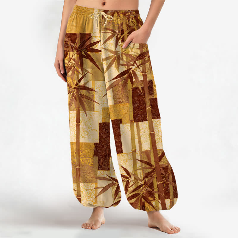 Buddha Stones Cotton Bamboo Grove Patchwork Pattern Women's Elastic Waist Harem Pants With Side Pockets - Goldenrod - US16,UK/AU20,EU48 (3XL) - image 10