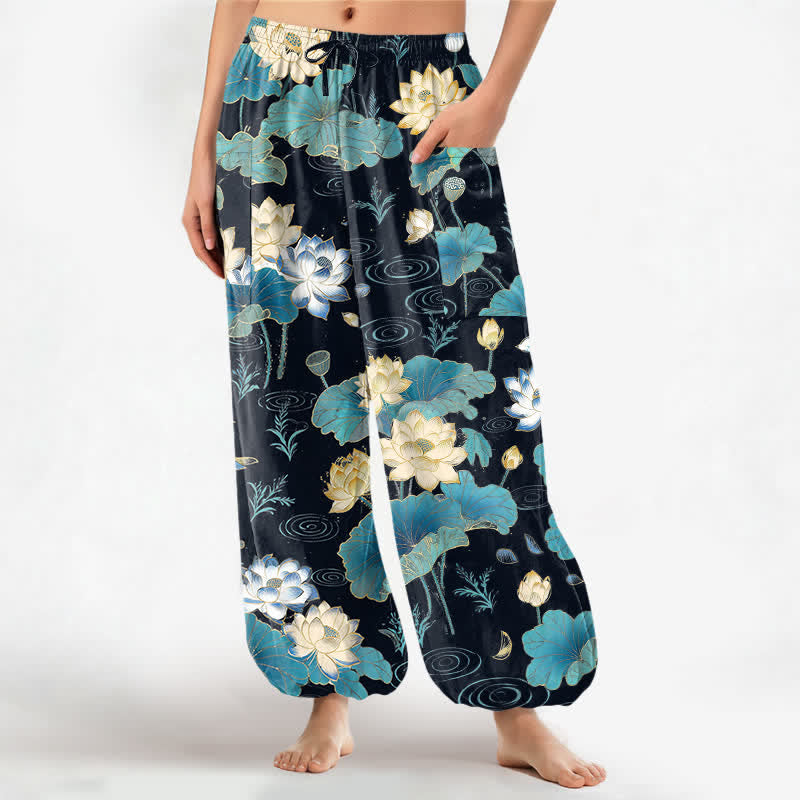 Buddha Stones Cotton Lotus Leaf Blossom Pattern Women's Elastic Waist Harem Pants With Side Pockets - Black - US16,UK/AU20,EU48 (3XL) - image 0