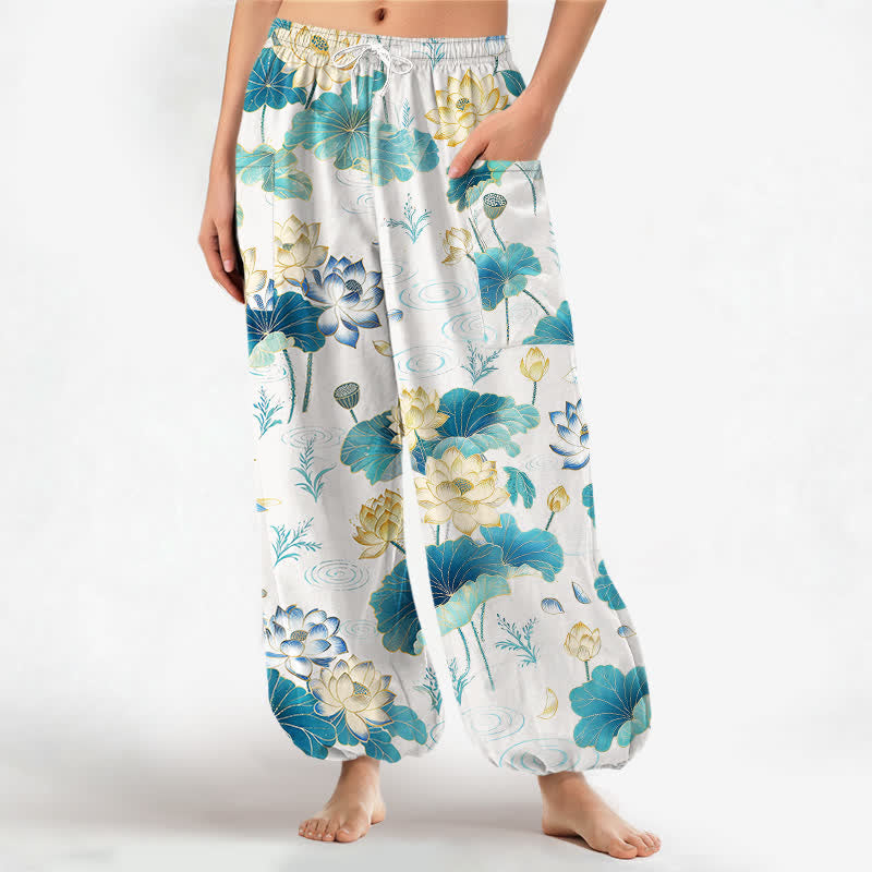 Buddha Stones Cotton Lotus Leaf Blossom Pattern Women's Elastic Waist Harem Pants With Side Pockets - White - US16,UK/AU20,EU48 (3XL) - image 7