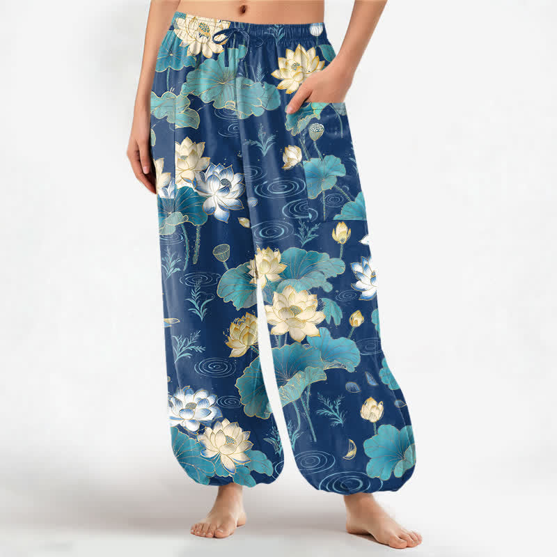 Buddha Stones Cotton Lotus Leaf Blossom Pattern Women's Elastic Waist Harem Pants With Side Pockets - RoyalBlue - US16,UK/AU20,EU48 (3XL) - image 10