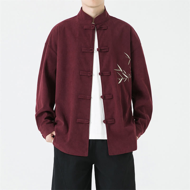 Buddha Stones Fall Winter Tang Style Vintage Frog Button Bamboo Embroidery Corduroy Men's Jacket - Maroon - US/UK/AU46,EU56 (5XL) - image 0