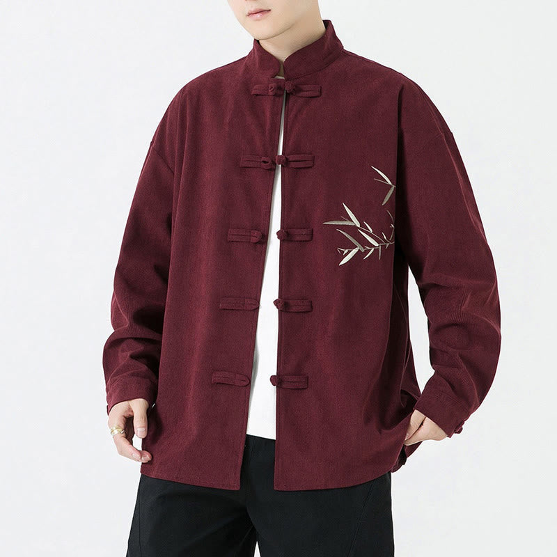 Buddha Stones Fall Winter Tang Style Vintage Frog Button Bamboo Embroidery Corduroy Men's Jacket - image 1