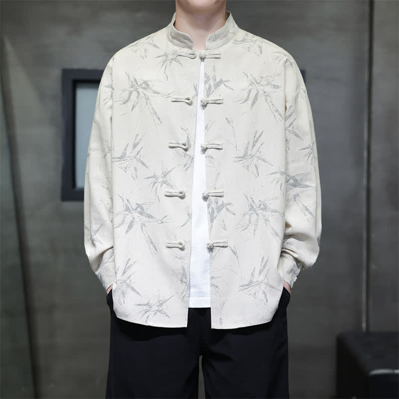 Buddha Stones Spring Casual Tang Style Frog Button Bamboo Print Men's Long Sleeve Shirts - Linen - US/UK/AU46,EU56 (5XL) - image 0