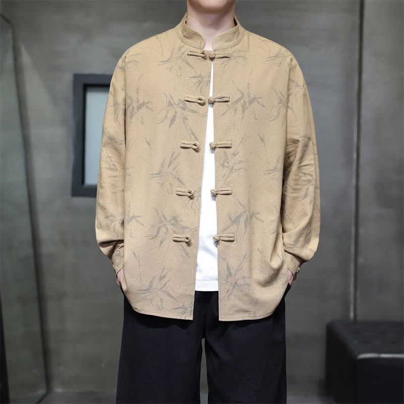 Buddha Stones Spring Casual Tang Style Frog Button Bamboo Print Men's Long Sleeve Shirts - Tan - US/UK/AU46,EU56 (5XL) - image 13