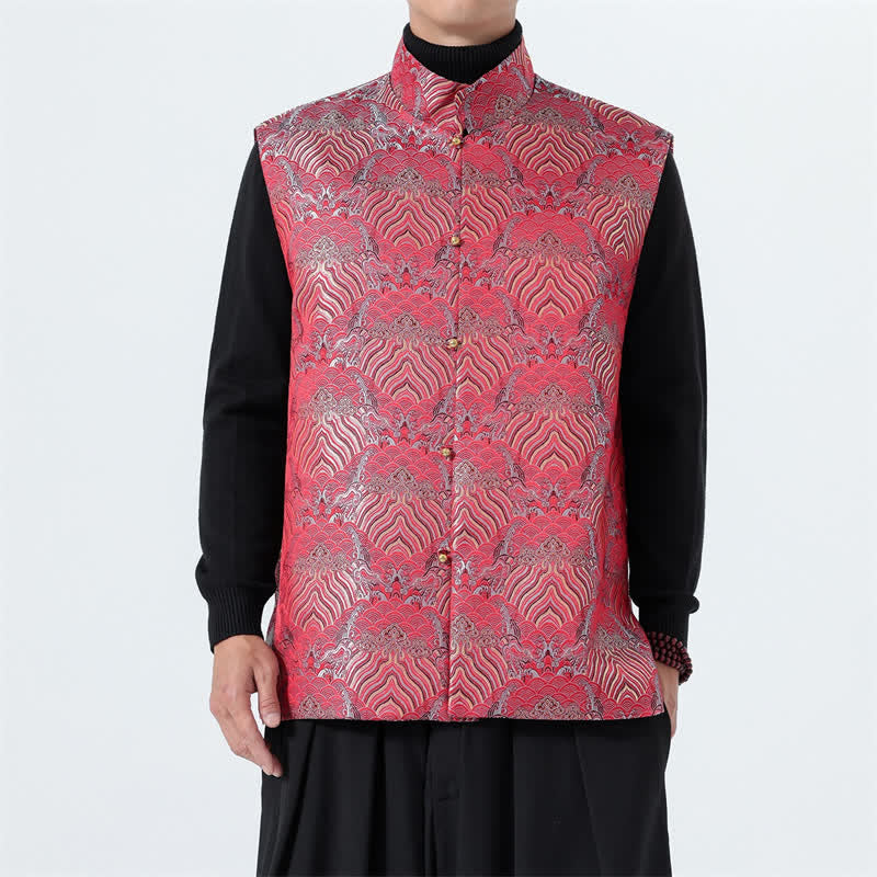 Buddha Stones Fall Tang Style Elegant Mandarin Collar Sea Waves Floral Pattern Tank Top Men's Vest - Crimson - US/UK/AU46,EU56 (5XL) - image 9