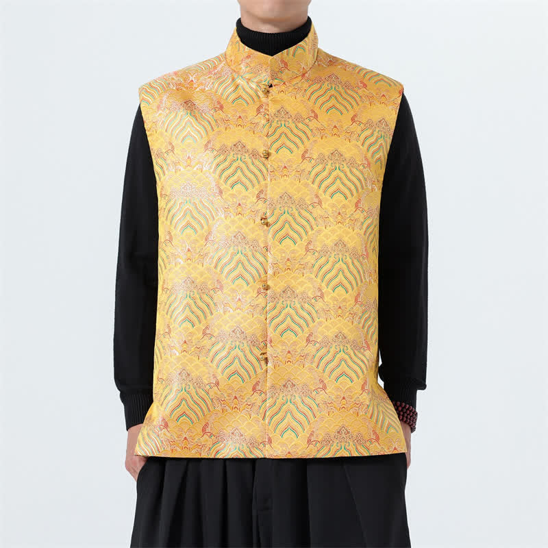 Buddha Stones Fall Tang Style Elegant Mandarin Collar Sea Waves Floral Pattern Tank Top Men's Vest - Gold - US/UK/AU46,EU56 (5XL) - image 15