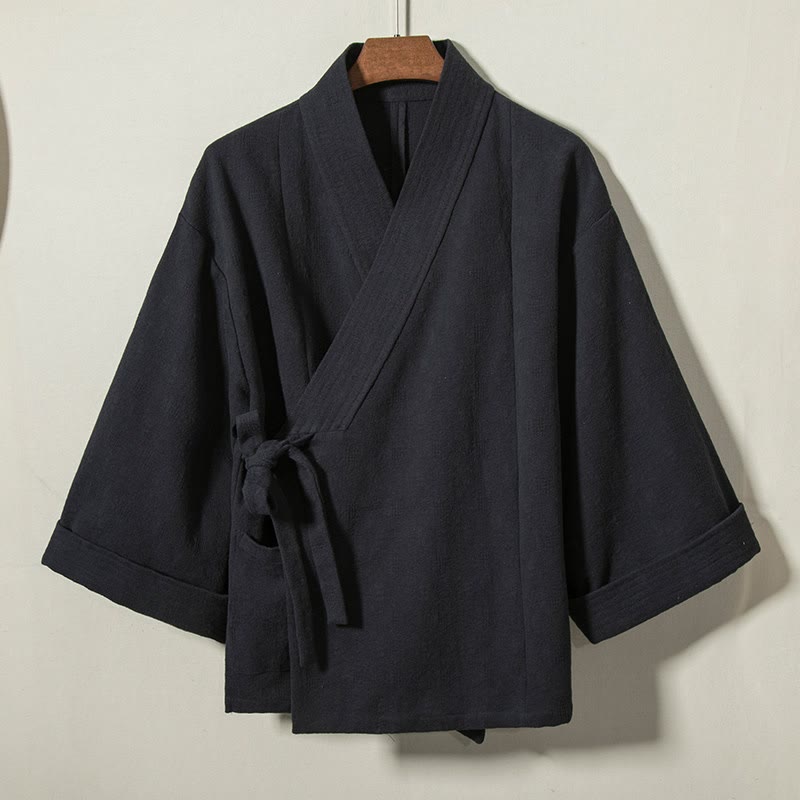 Buddha Stones Fall Winter Minimalist Drawstring V-Neck Lace-up Solid Cotton Men's Kimono - MidnightBlue - US/UK/AU44,EU54 (4XL) - image 0