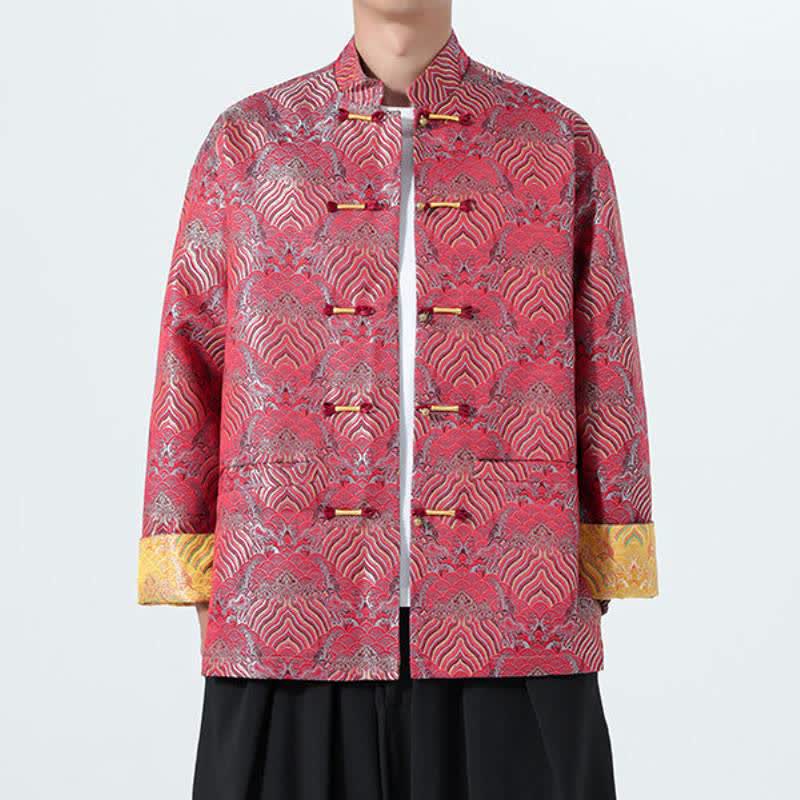 Buddha Stones Fall Winter Vintage Tang Style Frog Button Abstract Ocean Pattern Design Spandex Men's Jacket With Pockets - Crimson - US/UK/AU46,EU56 (5XL) - image 3