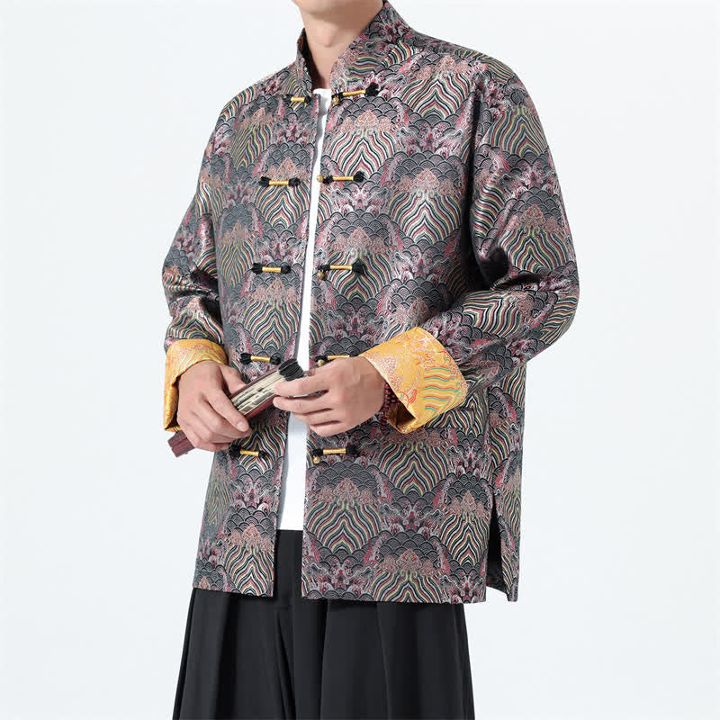 Buddha Stones Fall Winter Vintage Tang Style Frog Button Abstract Ocean Pattern Design Spandex Men's Jacket With Pockets - Thistle - US/UK/AU46,EU56 (5XL) - image 0
