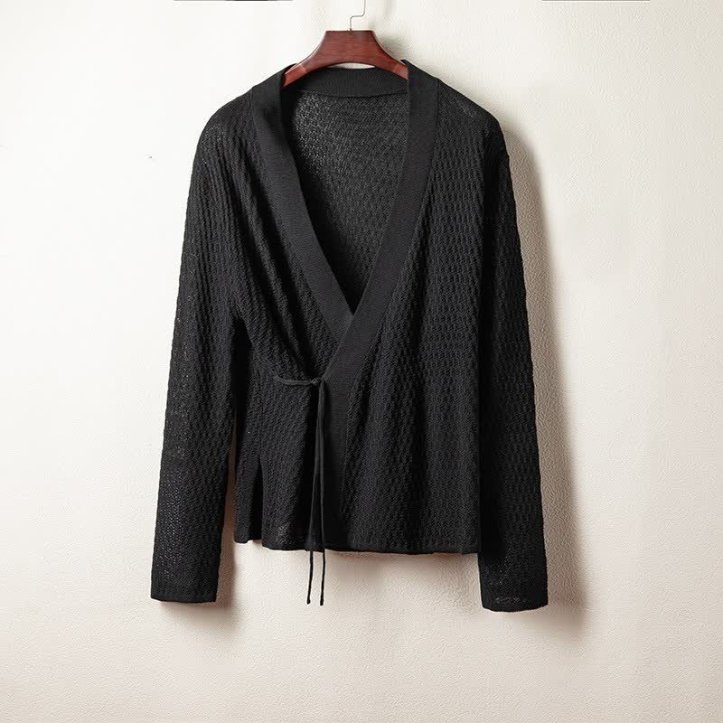 Buddha Stones Spring Casual Plain Solid Lace-up V-Neck Men's Kimono - Black - US/UK/AU42,EU52 (3XL) - image 0